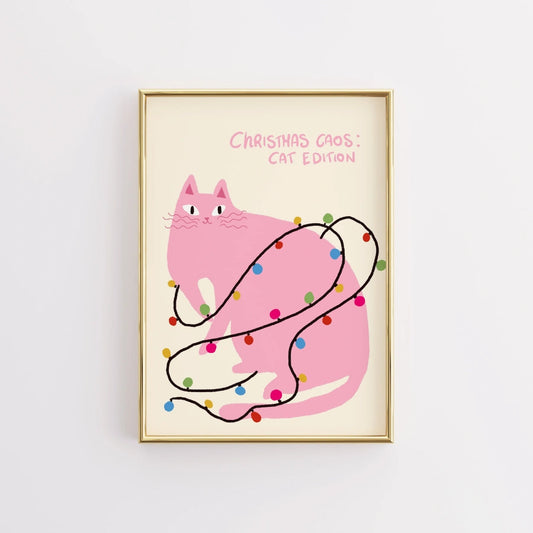 Christmas Chaos Cat – Funny Pink Christmas Wall Art