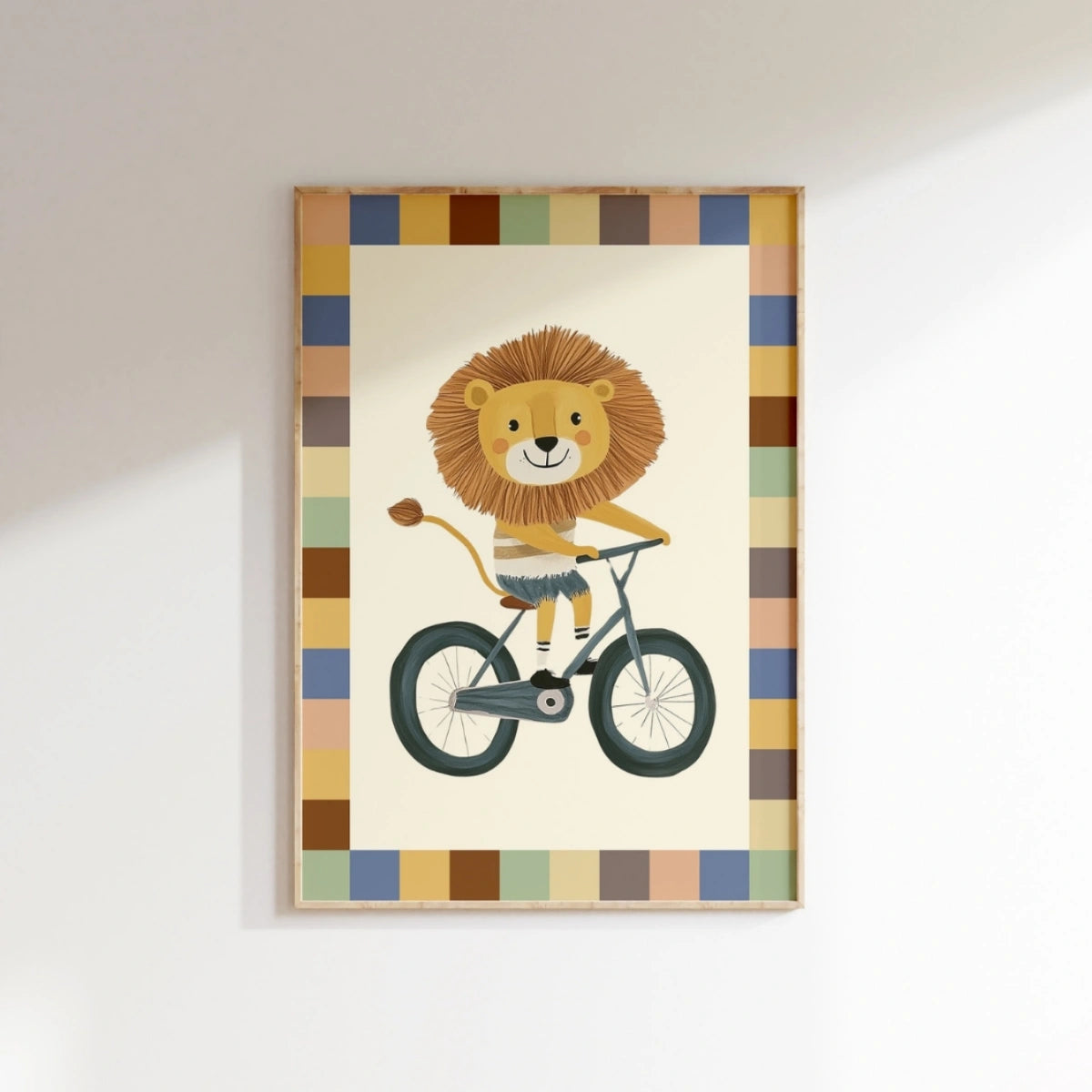 Stampa artistica da parete Leone in bici - Simpatica stampa animale safari, Arredamento per la cameretta dei ragazzi