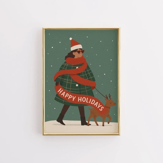 Happy Holidays Wall Art – Trendy Christmas Woman Print