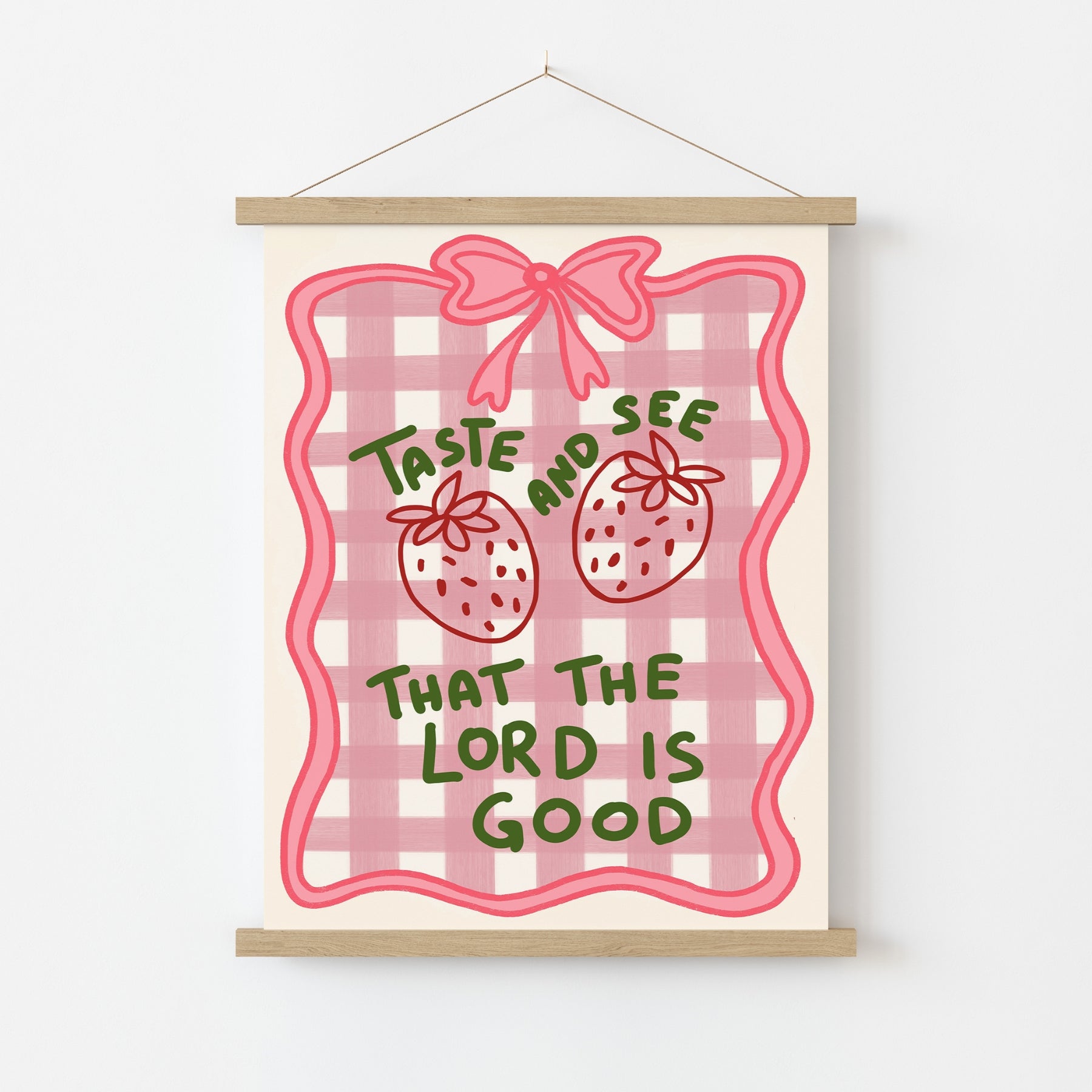 Arte murale cristiana "Assaggia e vedi" - Stampa di un grazioso versetto biblico con una fragola