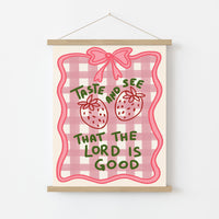 Arte murale cristiana "Assaggia e vedi" - Stampa di un grazioso versetto biblico con una fragola