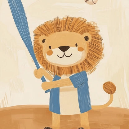 Baseball Lion Wall Art – Sports Animal Print for Boys Room