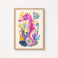 Pink Seahorse Wall Art – Colorful Ocean Print, Coastal Wall Decor