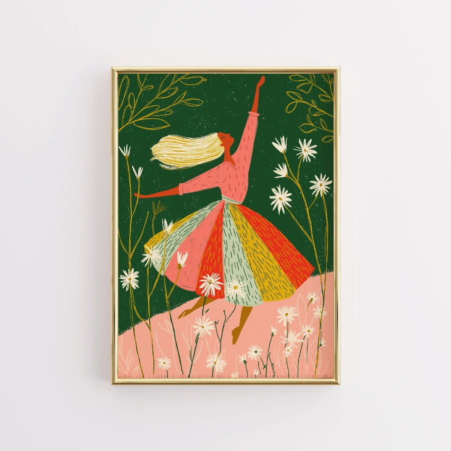 Dancing Woman Wall Art – Whimsical Floral Girl Print