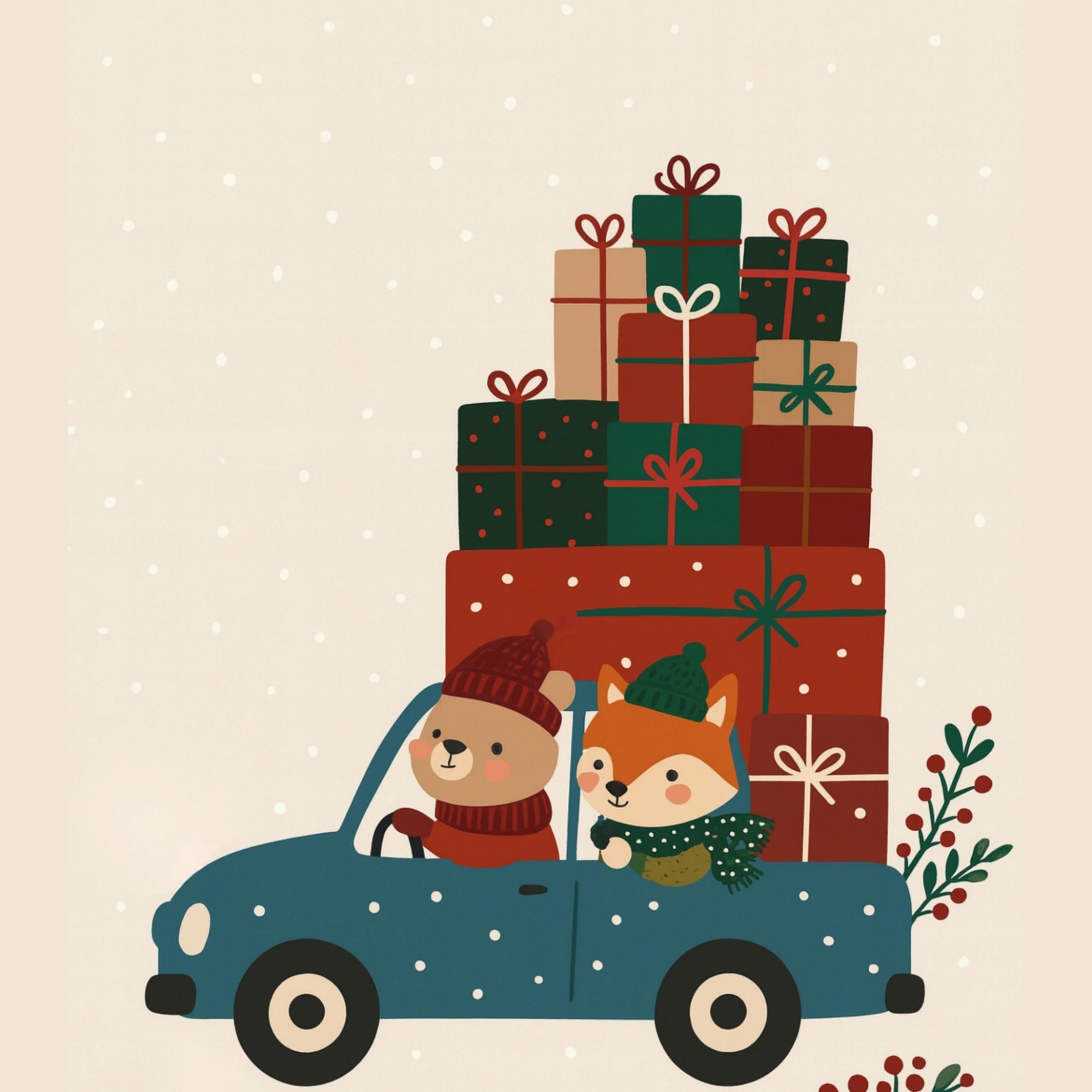 Folk Christmas Car Illustration