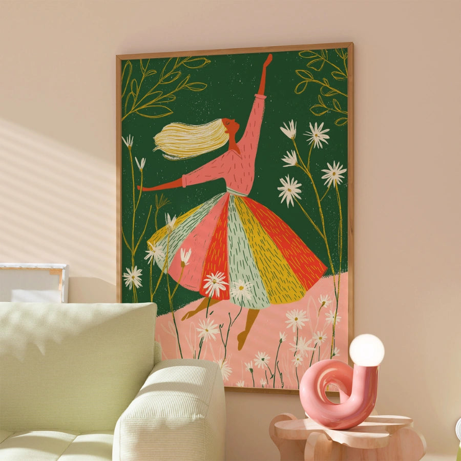 Dancing Woman Wall Art – Whimsical Floral Girl Print