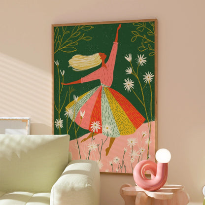 Dancing Woman Wall Art – Whimsical Floral Girl Print