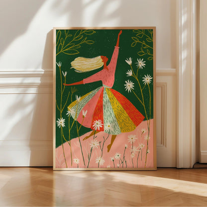 Dancing Woman Wall Art – Whimsical Floral Girl Print
