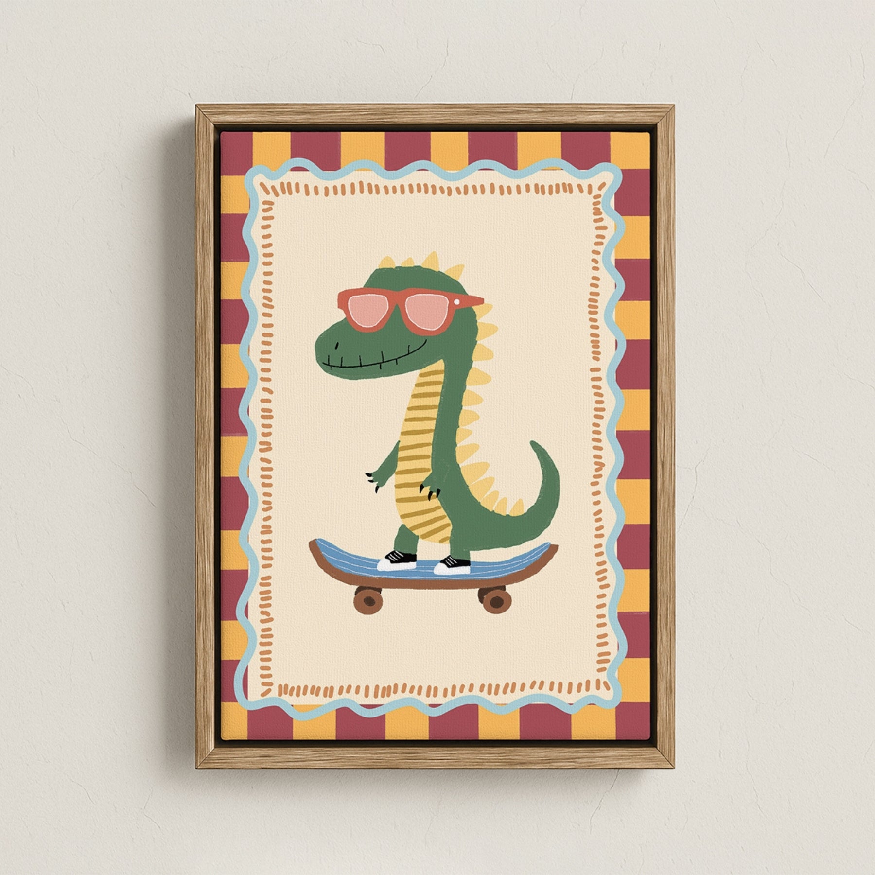 Quadro su tela con dinosauro sullo skateboard