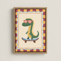 Quadro su tela con dinosauro sullo skateboard
