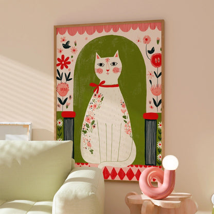 Cat Wall Art – Whimsical Floral Cat Print