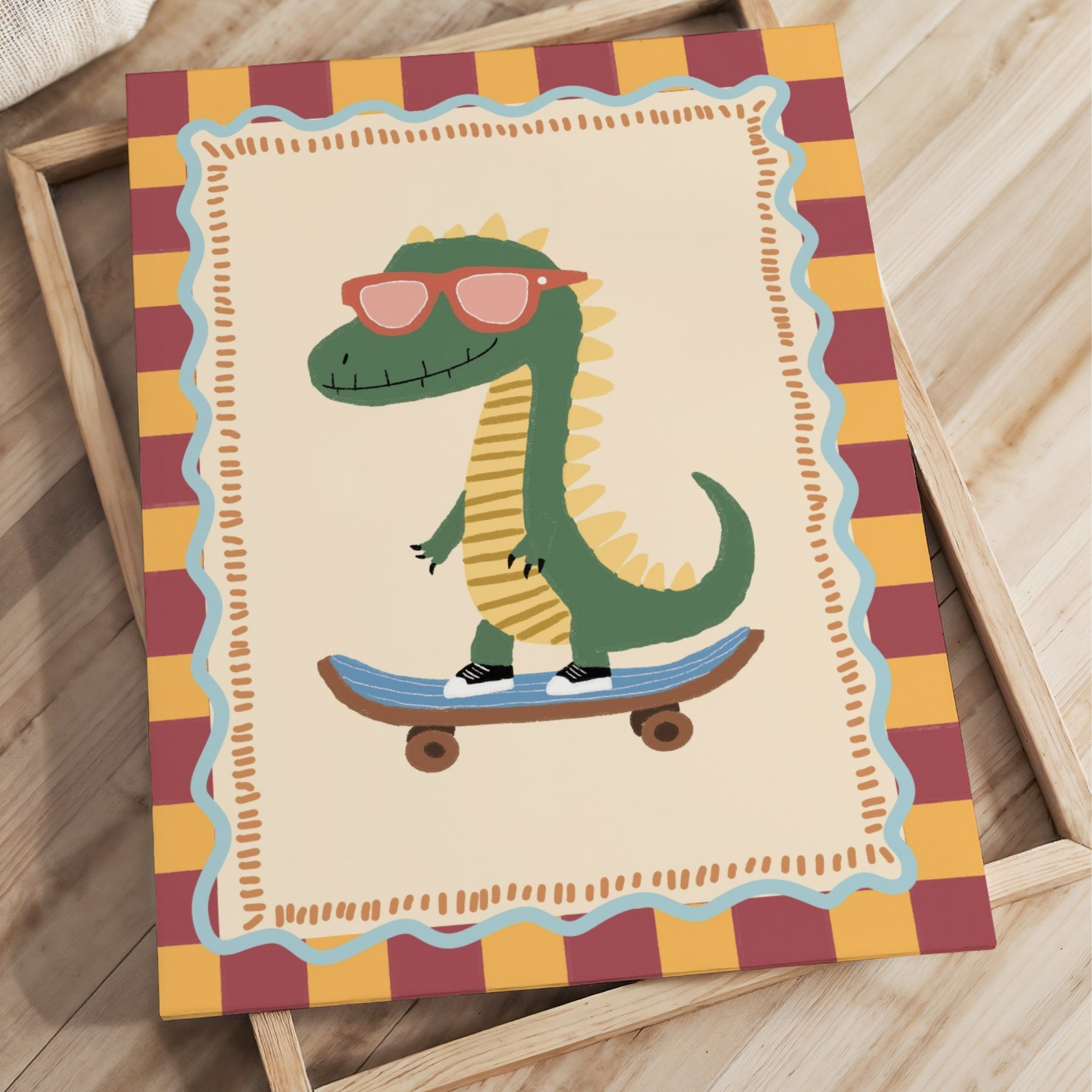 Quadro su tela con dinosauro sullo skateboard