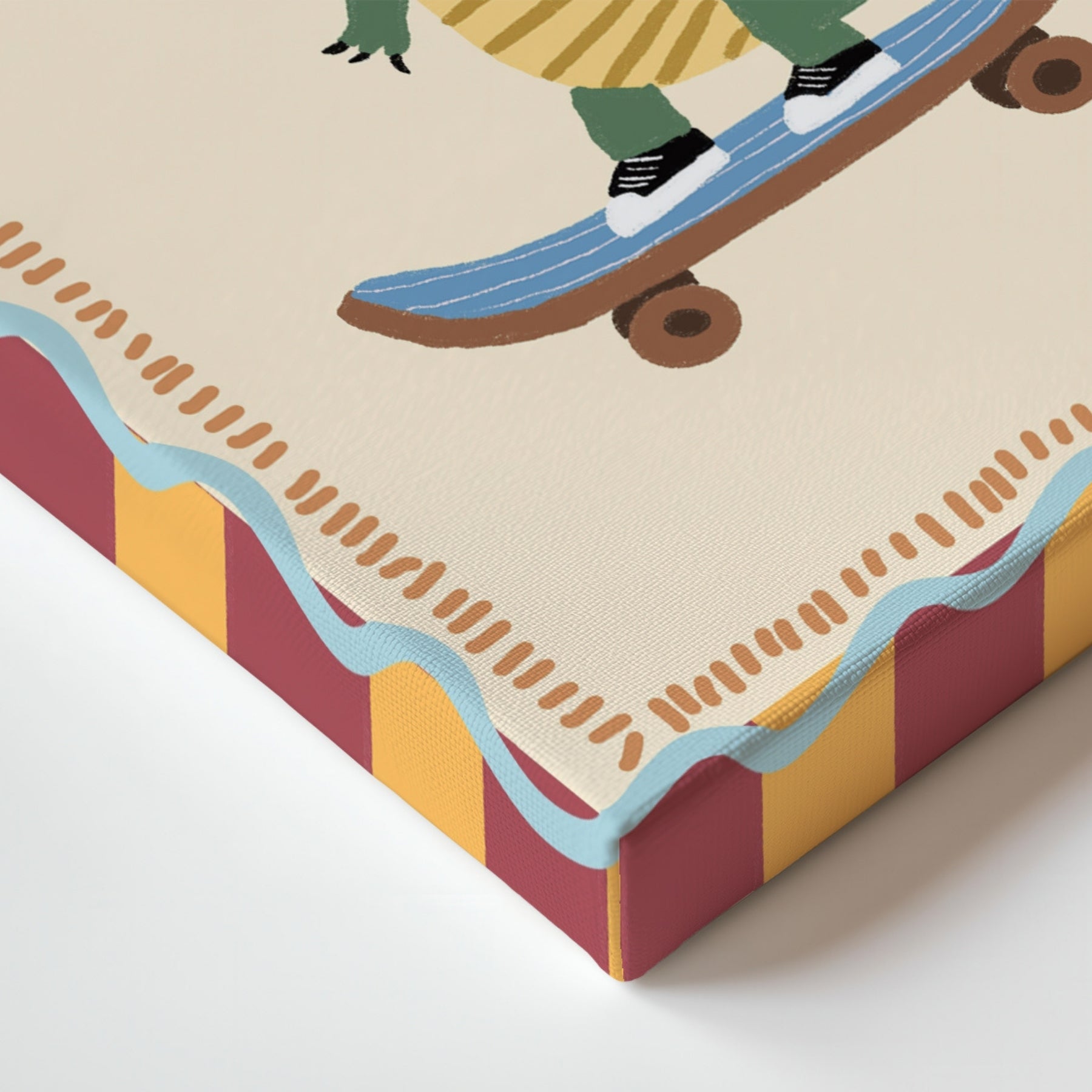 Quadro su tela con dinosauro sullo skateboard