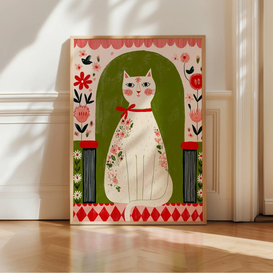 Cat Wall Art – Whimsical Floral Cat Print