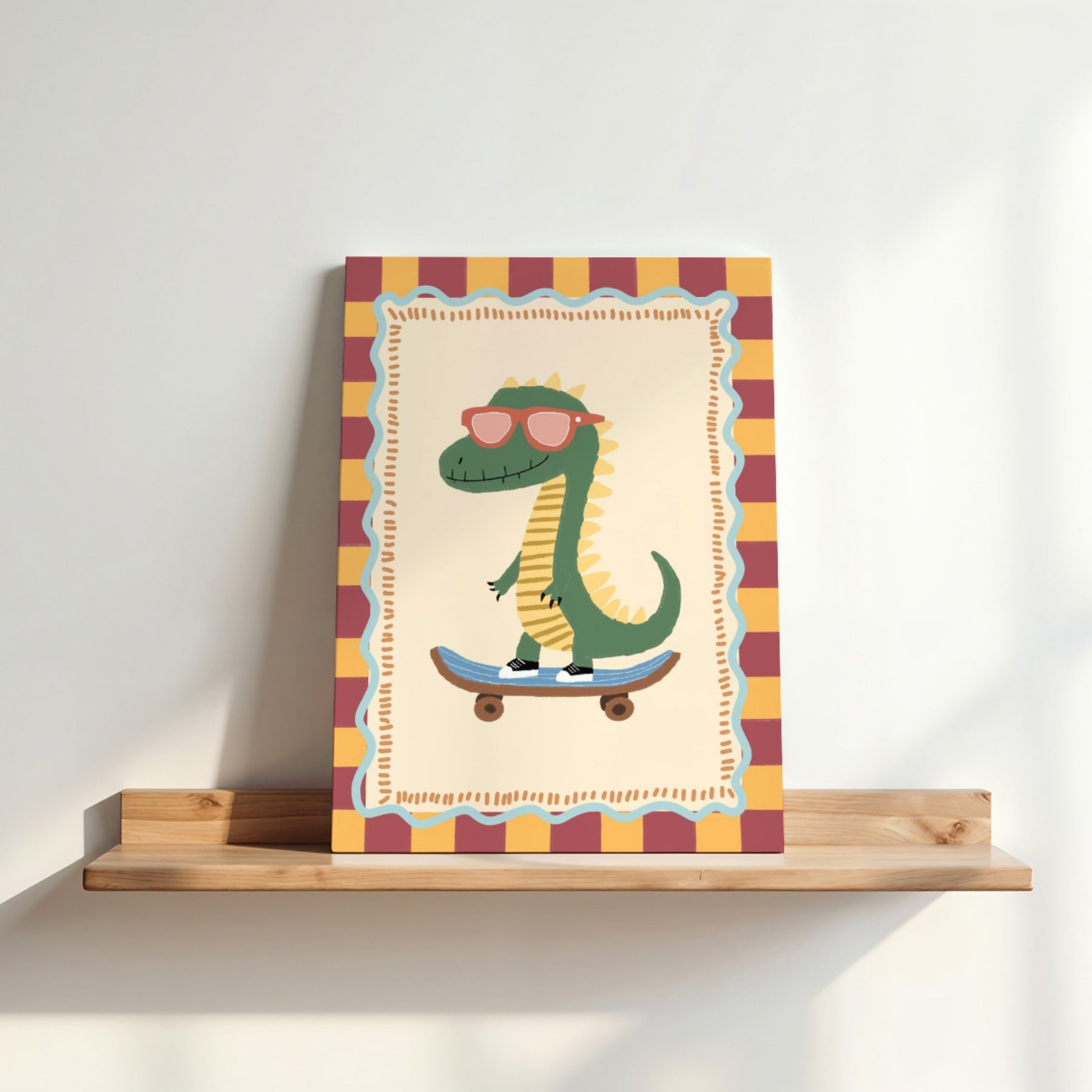 Quadro su tela con dinosauro sullo skateboard