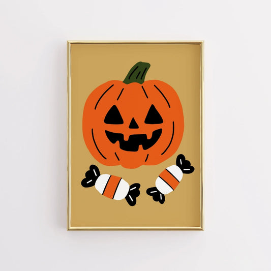 Pumpkin Halloween Wall Art – Jack-o'-Lantern Print with Candy