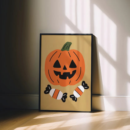 Pumpkin Halloween Wall Art – Jack-o'-Lantern Print with Candy