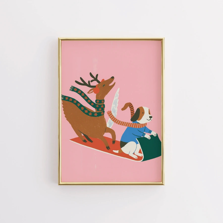 Flying Dog and Reindeer Sled Ride – Cute Pink Christmas Wall Art