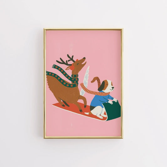 Flying Dog and Reindeer Sled Ride – Cute Pink Christmas Wall Art