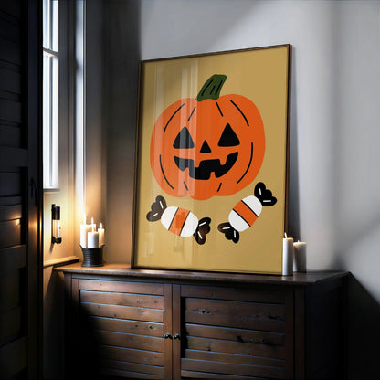 Pumpkin Halloween Wall Art – Jack-o'-Lantern Print with Candy
