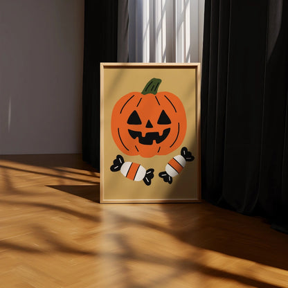 Pumpkin Halloween Wall Art – Jack-o'-Lantern Print with Candy