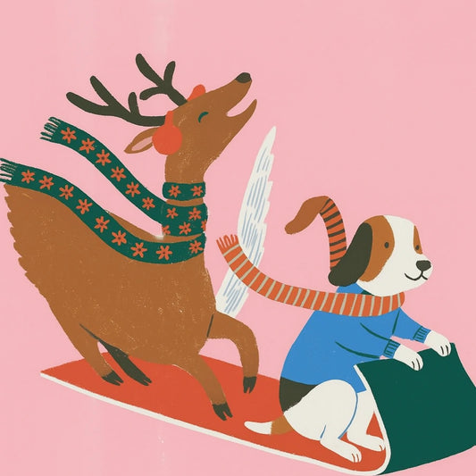 Flying Dog and Reindeer Sled Ride – Cute Pink Christmas Wall Art
