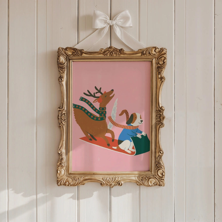 Flying Dog and Reindeer Sled Ride – Cute Pink Christmas Wall Art