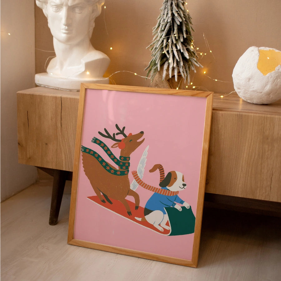 Flying Dog and Reindeer Sled Ride – Cute Pink Christmas Wall Art