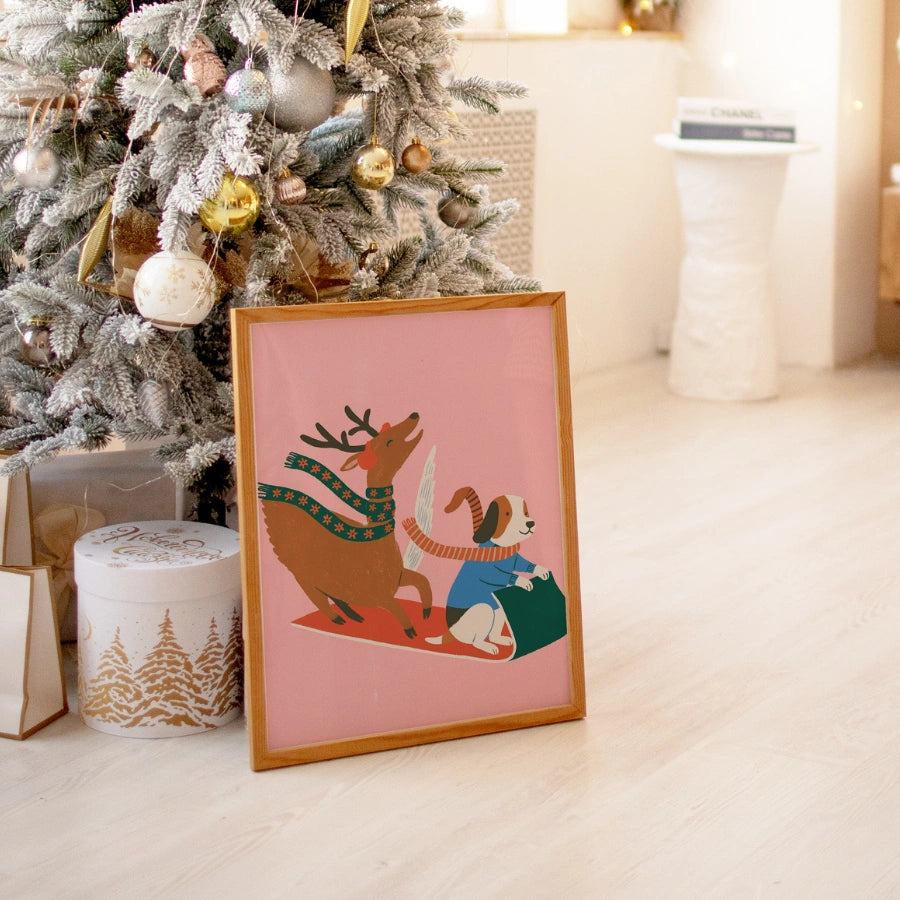 Flying Dog and Reindeer Sled Ride – Cute Pink Christmas Wall Art