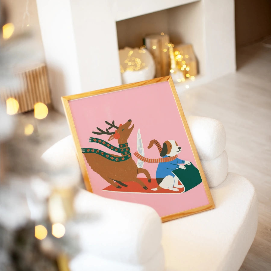 Flying Dog and Reindeer Sled Ride – Cute Pink Christmas Wall Art