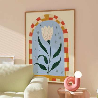 Starry Tulip Wall Art – Whimsical Naive Style Flower Print