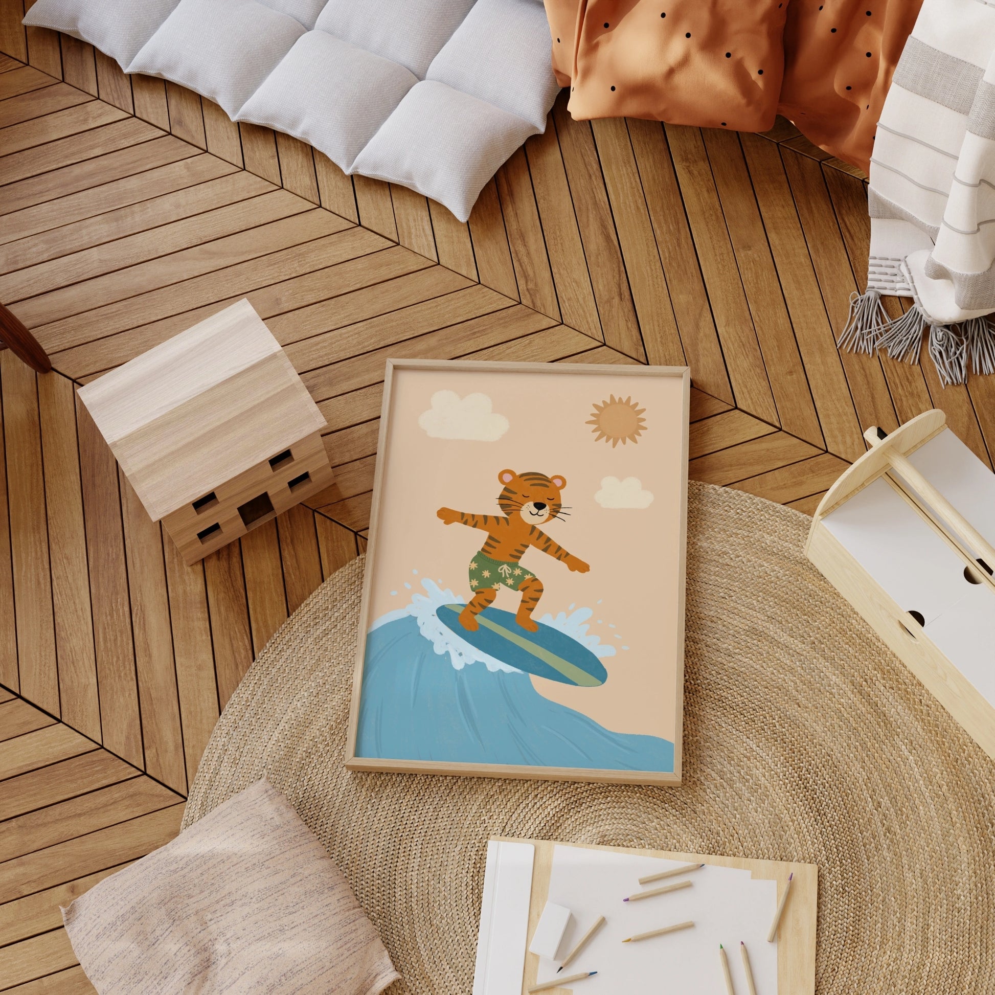 Lámina infantil de tigre surfista