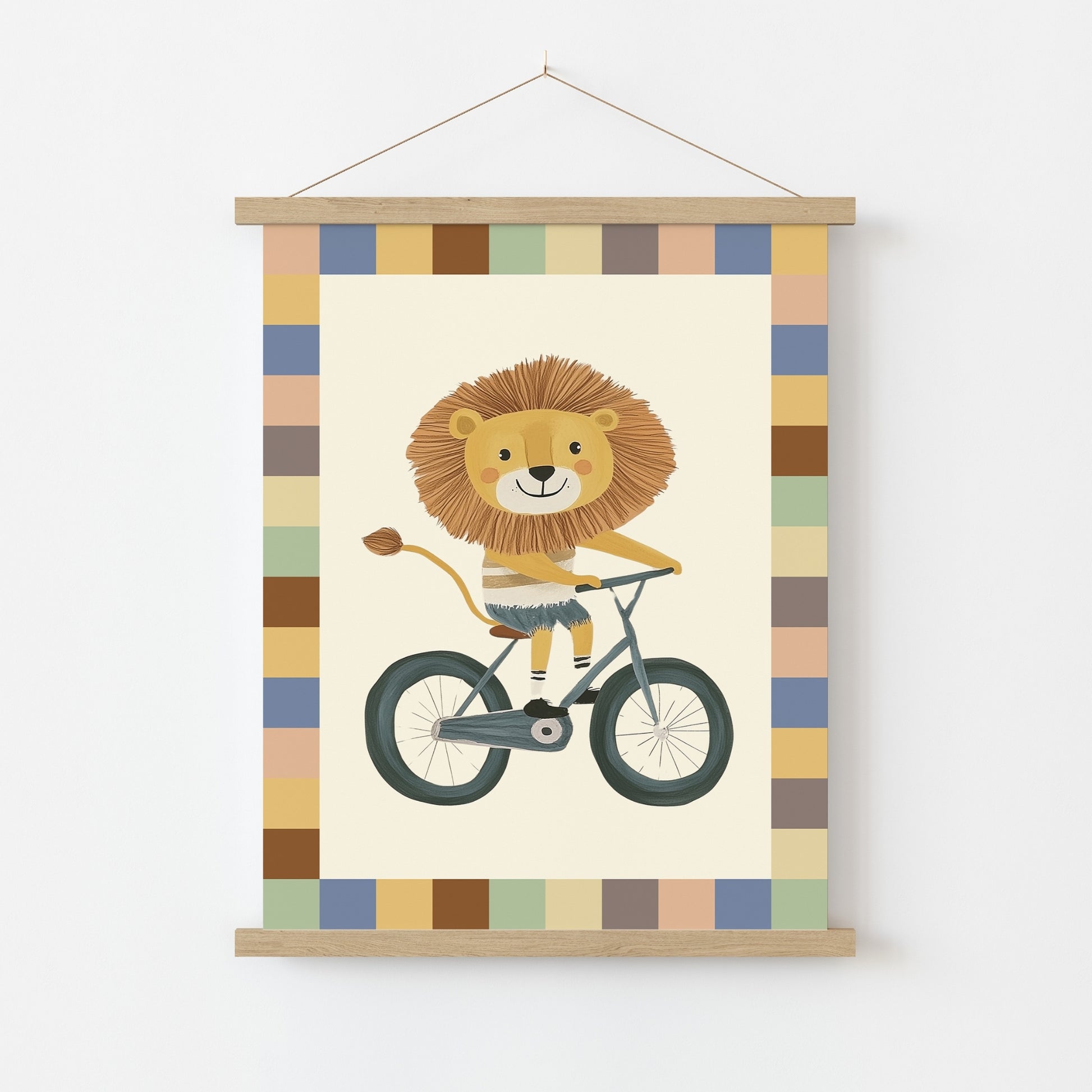 Décoration murale représentant un lion à vélo – Impression animalière de safari mignonne