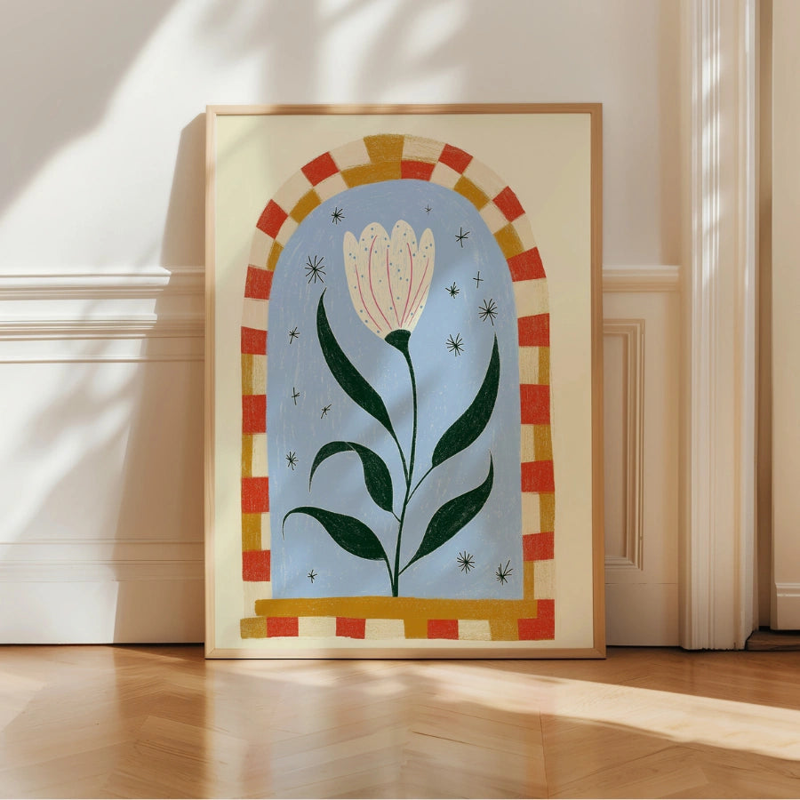 Starry Tulip Wall Art – Whimsical Naive Style Flower Print