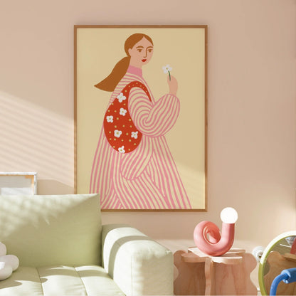 Girl with Flower Wall Art – Modern Feminine Print