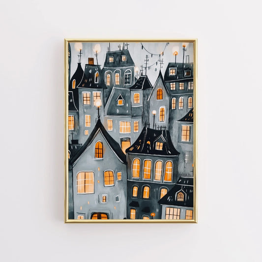 Haunted Halloween Village Print – Cozy Gothic Houses Wall Art