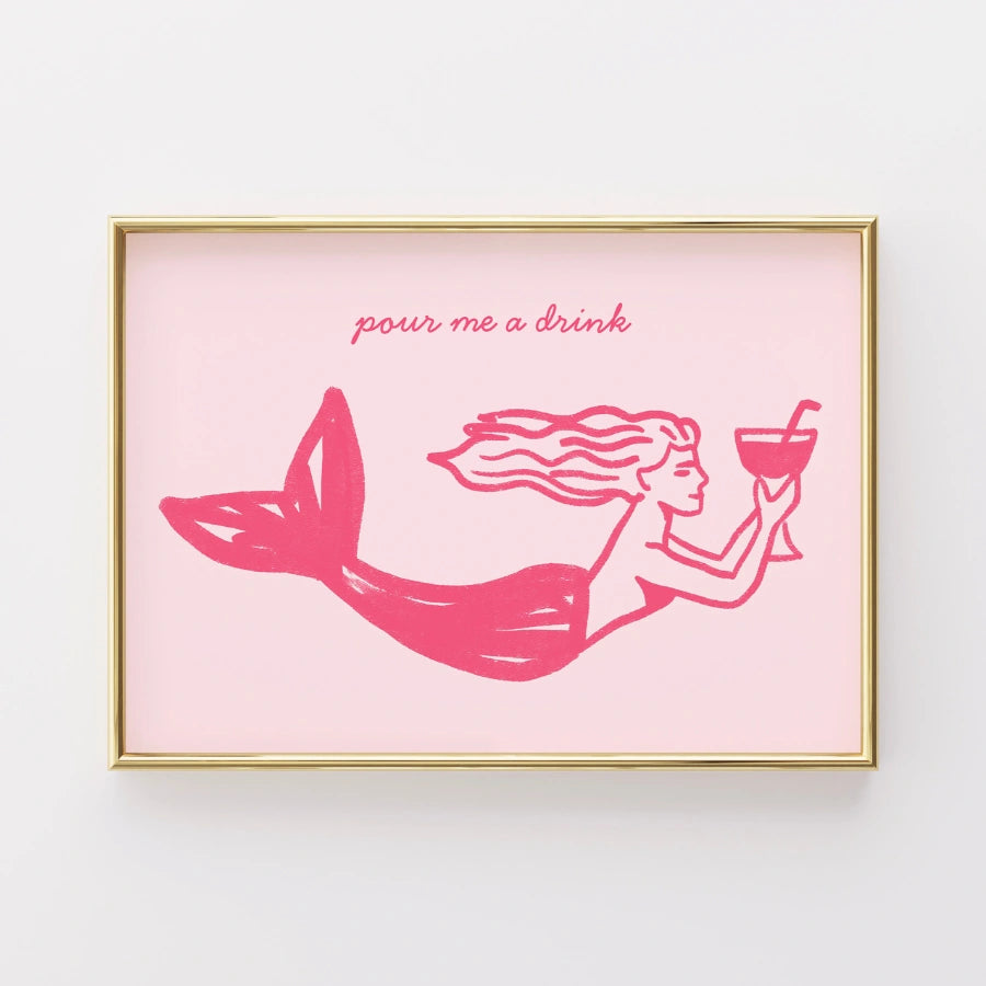 Pour Me a Drink Mermaid Print – Pink Coastal Wall Art
