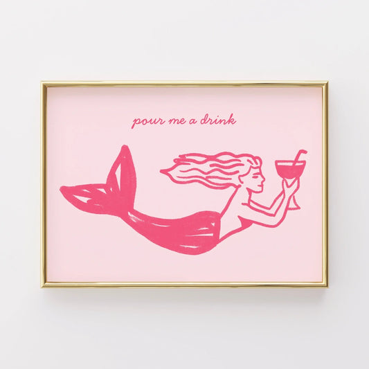 Pour Me a Drink Mermaid Print – Pink Coastal Wall Art