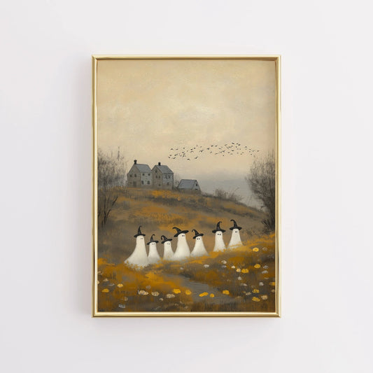 Ghost Parade Halloween Print – Spooky Witchy Ghosts in Fall Field