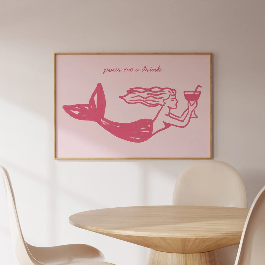 Pour Me a Drink Mermaid Print – Pink Coastal Wall Art