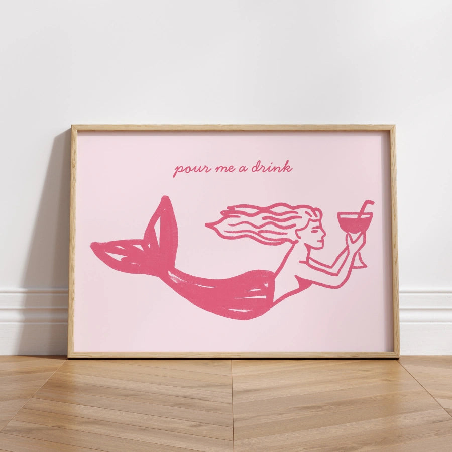 Pour Me a Drink Mermaid Print – Pink Coastal Wall Art
