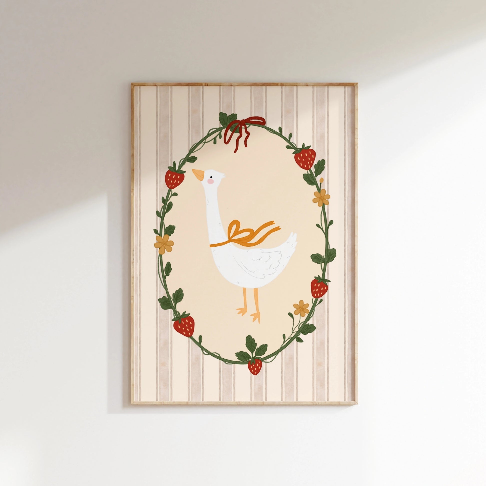 Goose and Strawberry Wall Art - Cottagecore Nursery Print, Vintage Nursery Decor
