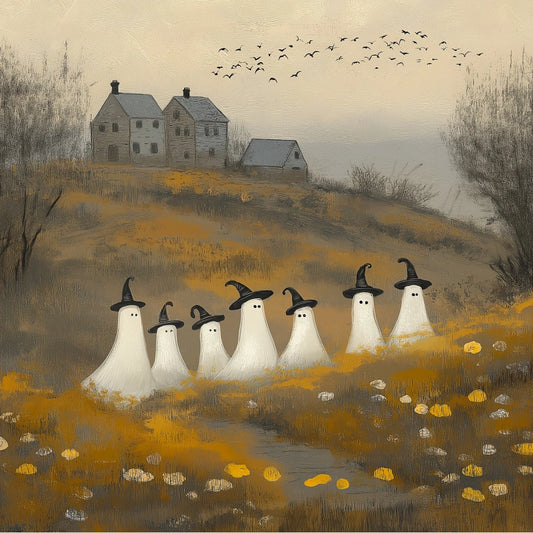 Ghost Parade Halloween Print – Spooky Witchy Ghosts in Fall Field