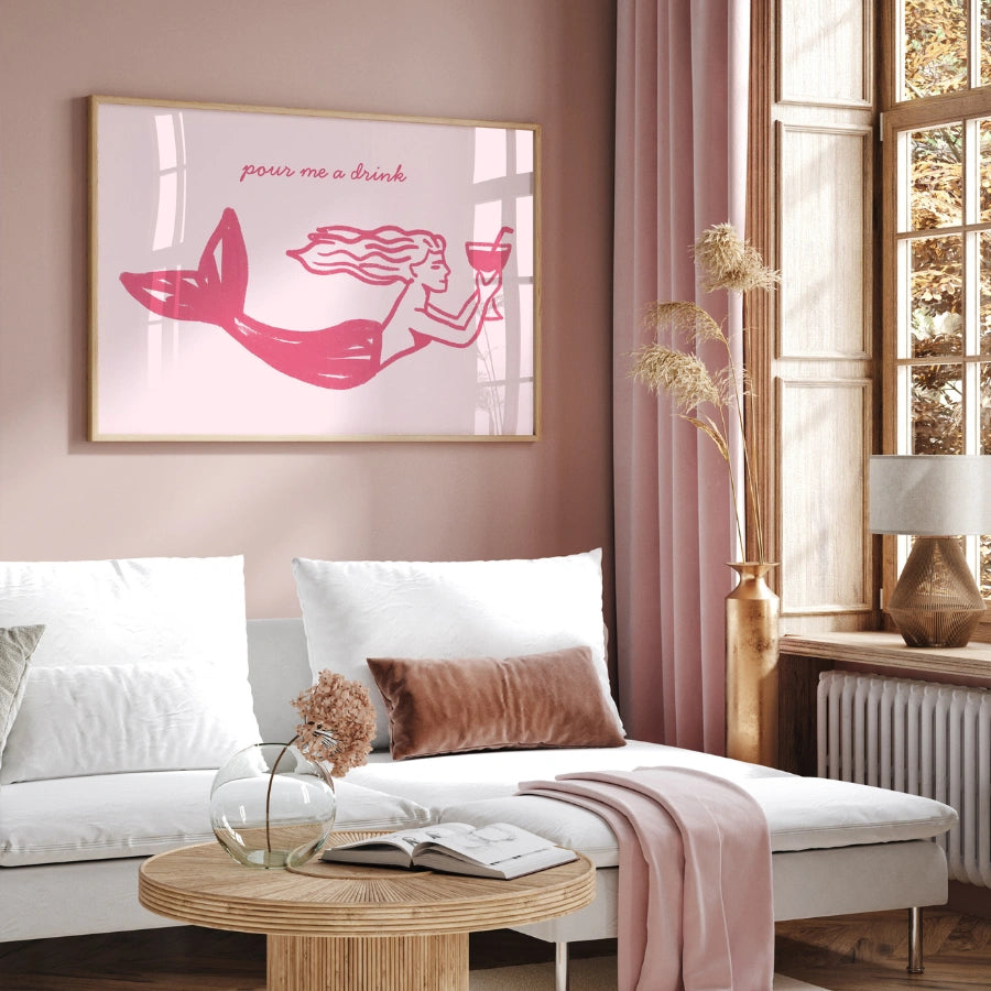 Pour Me a Drink Mermaid Print – Pink Coastal Wall Art