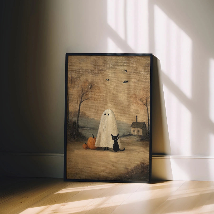 Ghost and Black Cat Wall Art – Vintage Halloween Print