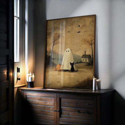 Ghost and Black Cat Wall Art – Vintage Halloween Print