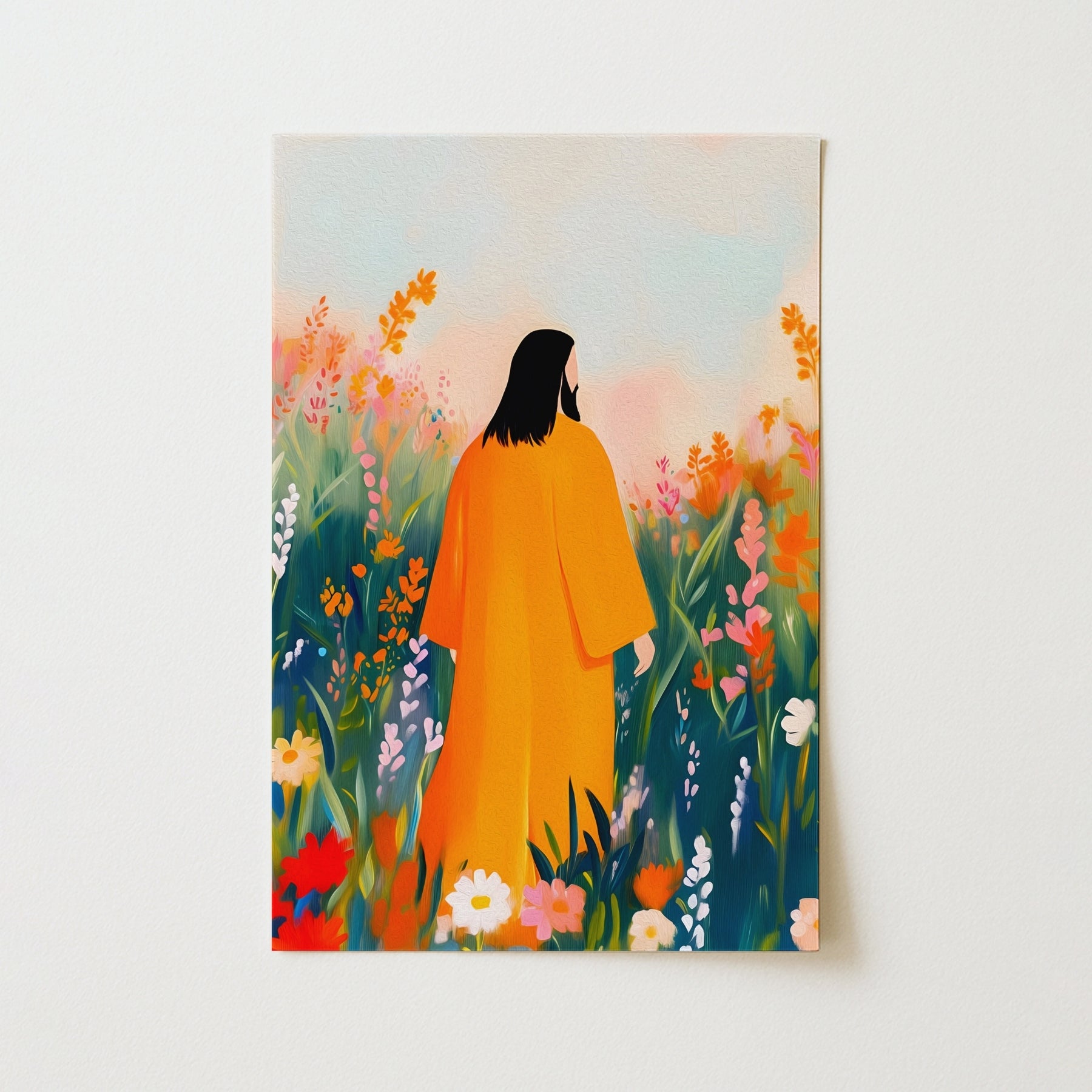 Jesus in Flower Field Wall Art – Peaceful Christian Print