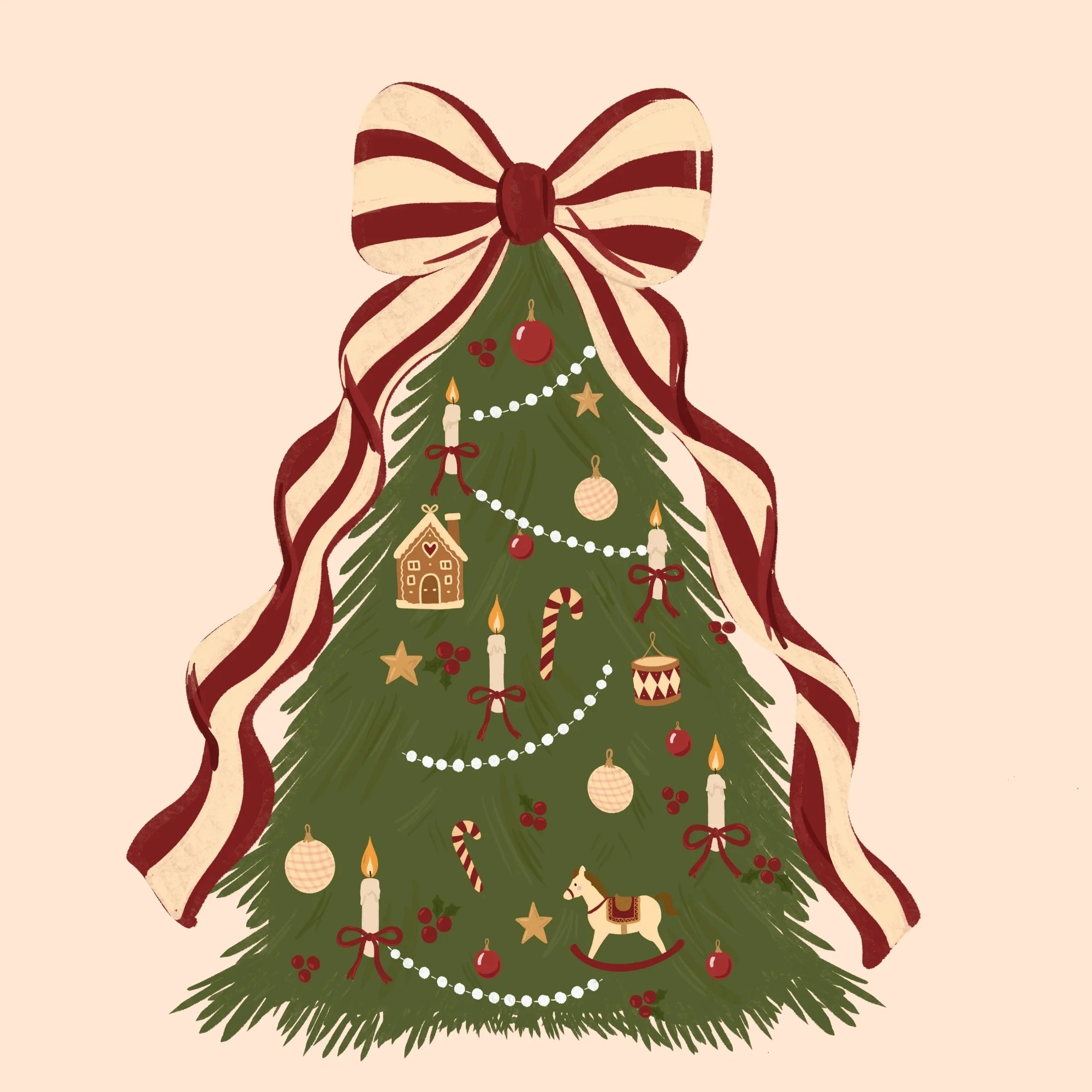 Vintage Christmas Tree with Striped Bow – Weihnachtsposter