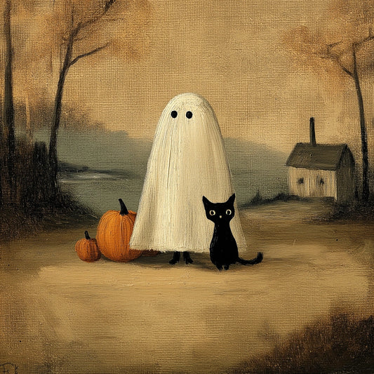 Ghost and Black Cat Wall Art – Vintage Halloween Print