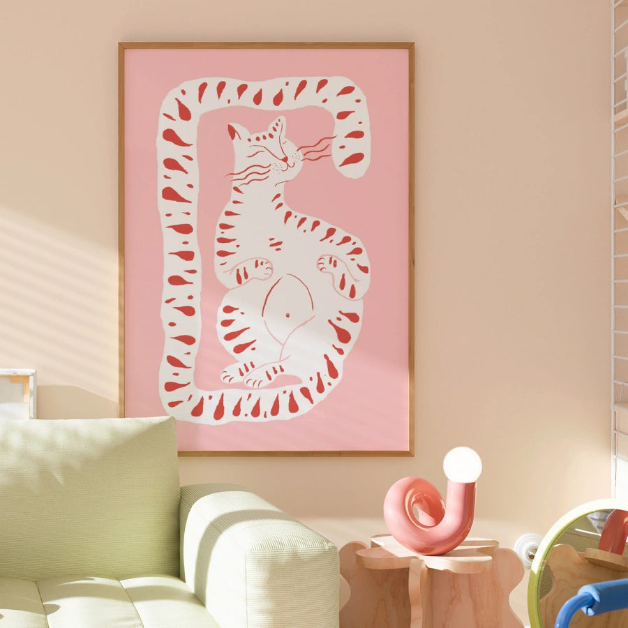 Whimsical Cat Wall Art – Pink Maximalist Animal Print